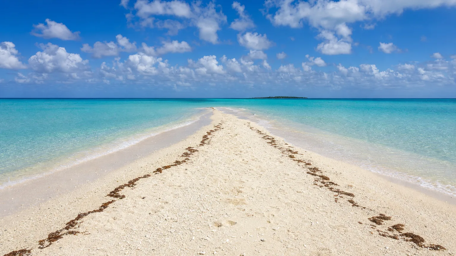 Empty white sand and tideline seaweed on Mopion Island, a sandbar in the Grenadines
