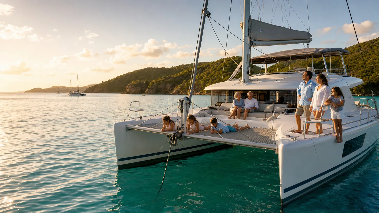 Three generations of one family aboard a crewed catamaran on a multigenerational family yacht charter