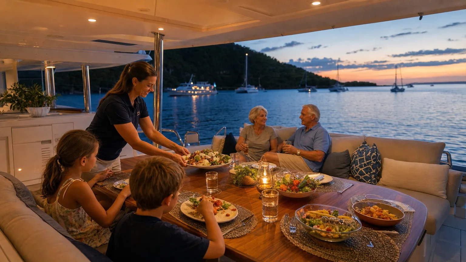 Crew serving an early dinner to children and grandparents on a private crewed yacht charter deck
