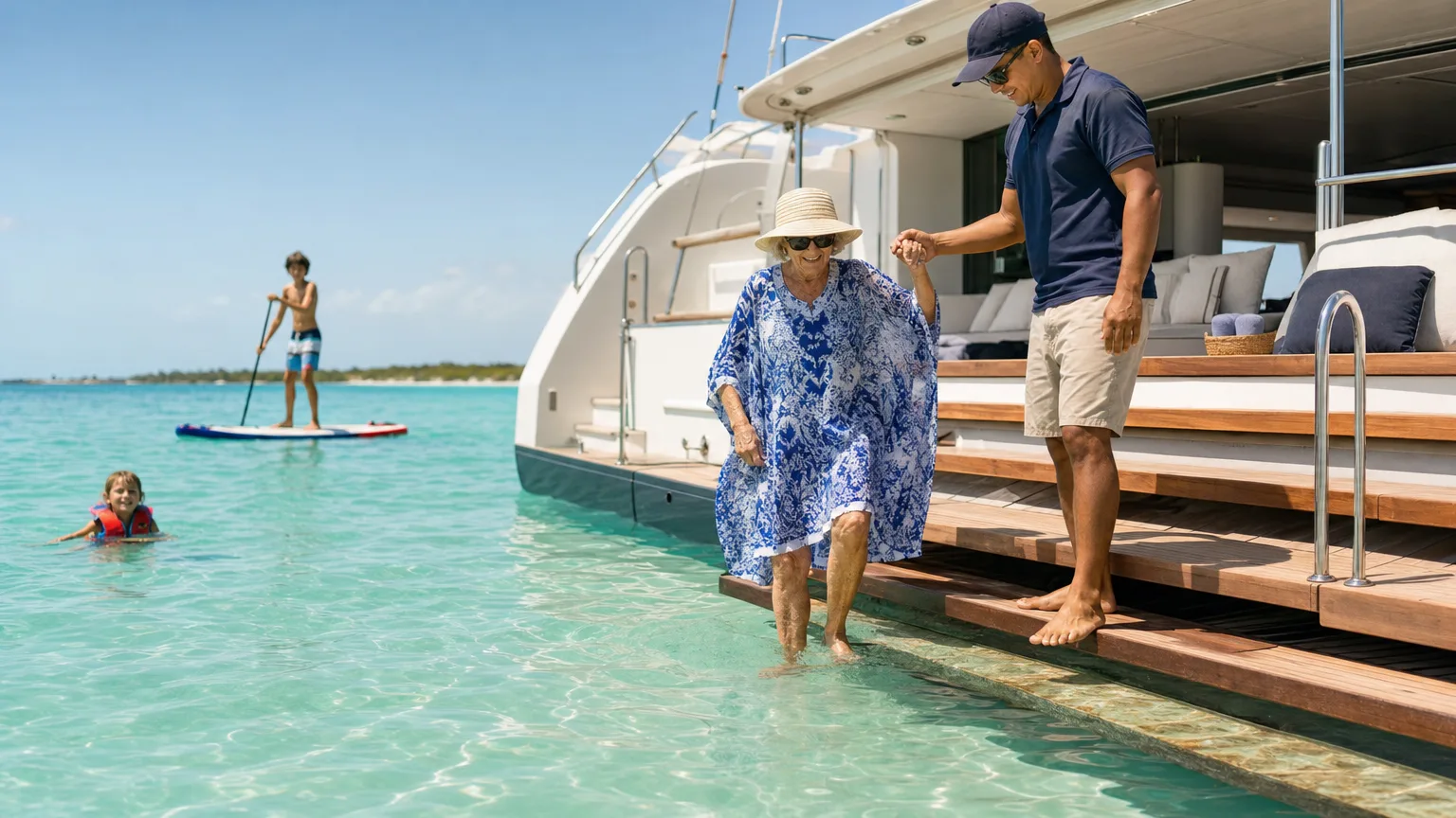Crew helping a grandmother down the swim platform steps of a yacht charter for every age group