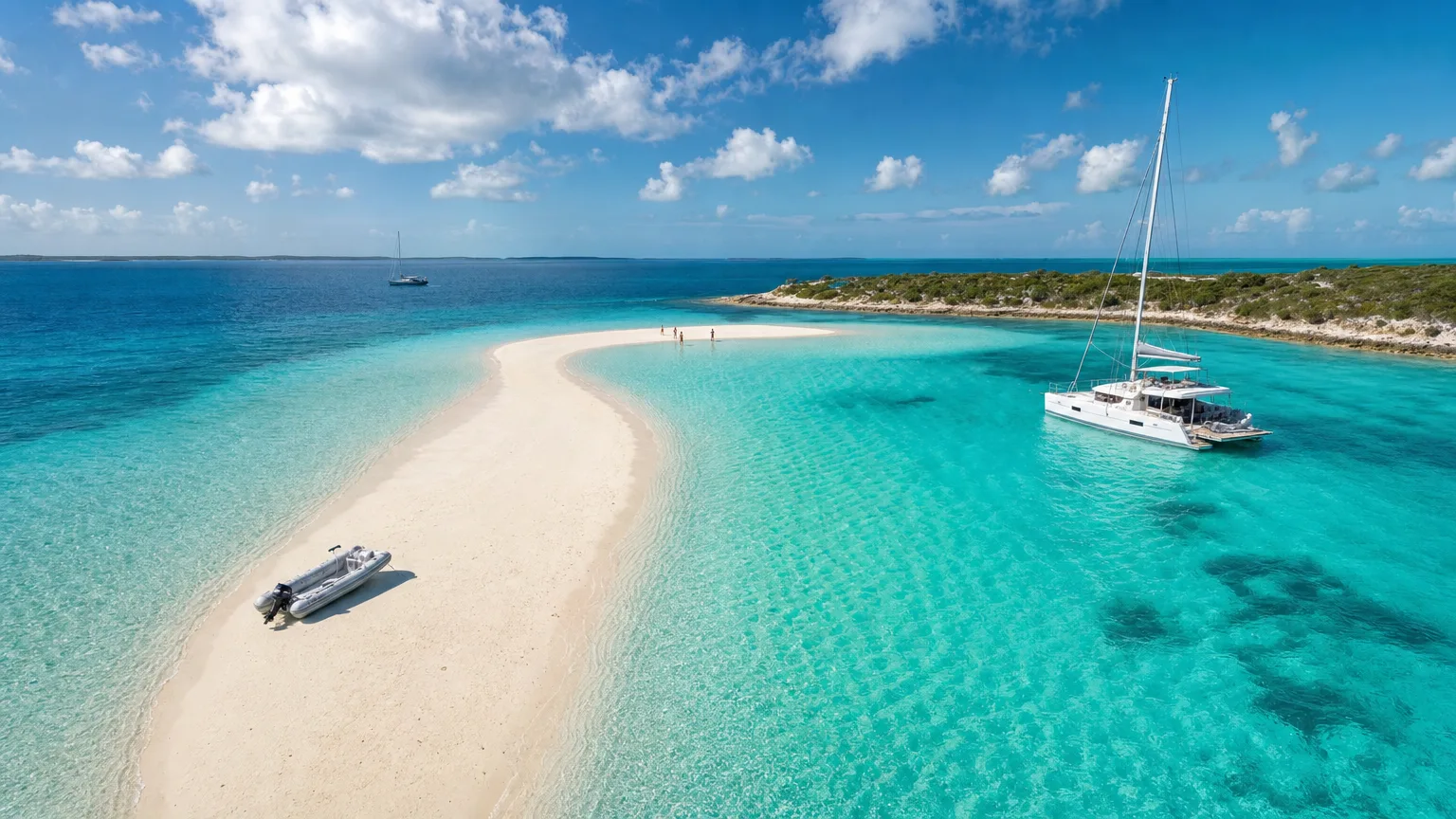 Catamaran anchored off an Exumas sandbar on a multigenerational family yacht charter in the Bahamas
