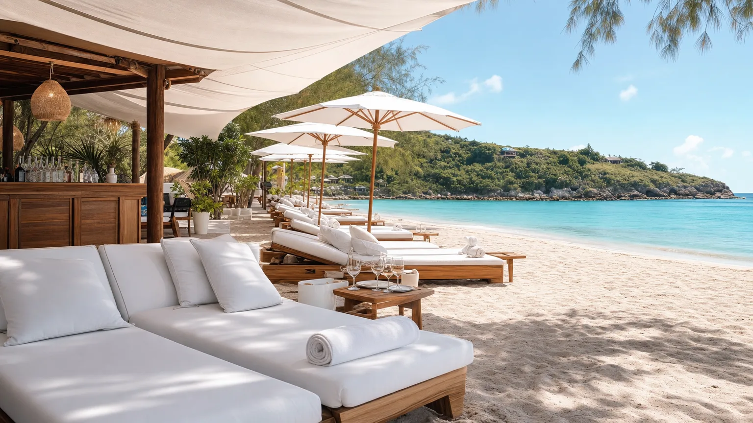 White sun beds and canvas shade at a Saint-Jean beach club, St. Barts