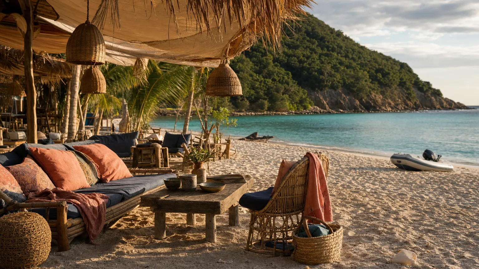 Bohemian beach club seating on the sand with a tender at Saint-Jean