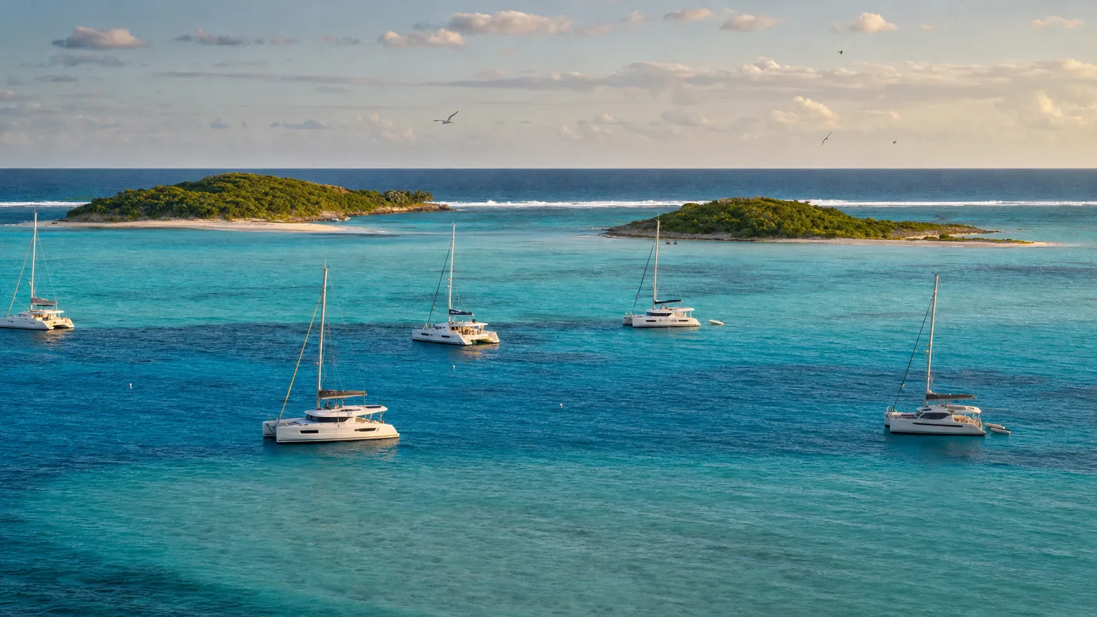 Catamarans moored in the Tobago Cays lagoon at golden hour behind Horseshoe Reef