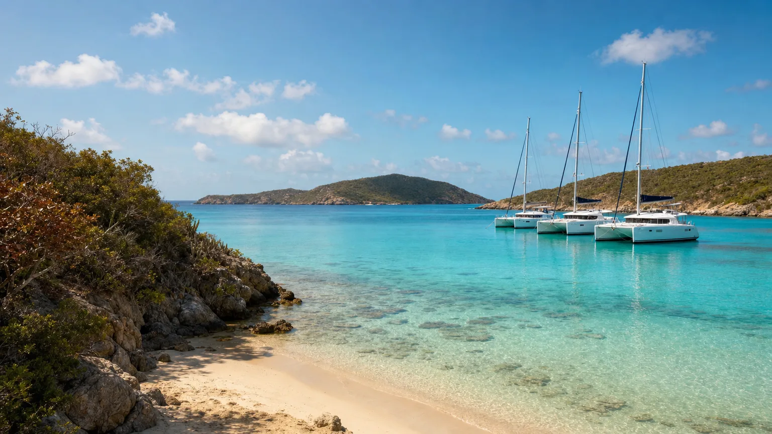 Sheltered Leeward Islands anchorage with catamarans on flat turquoise water