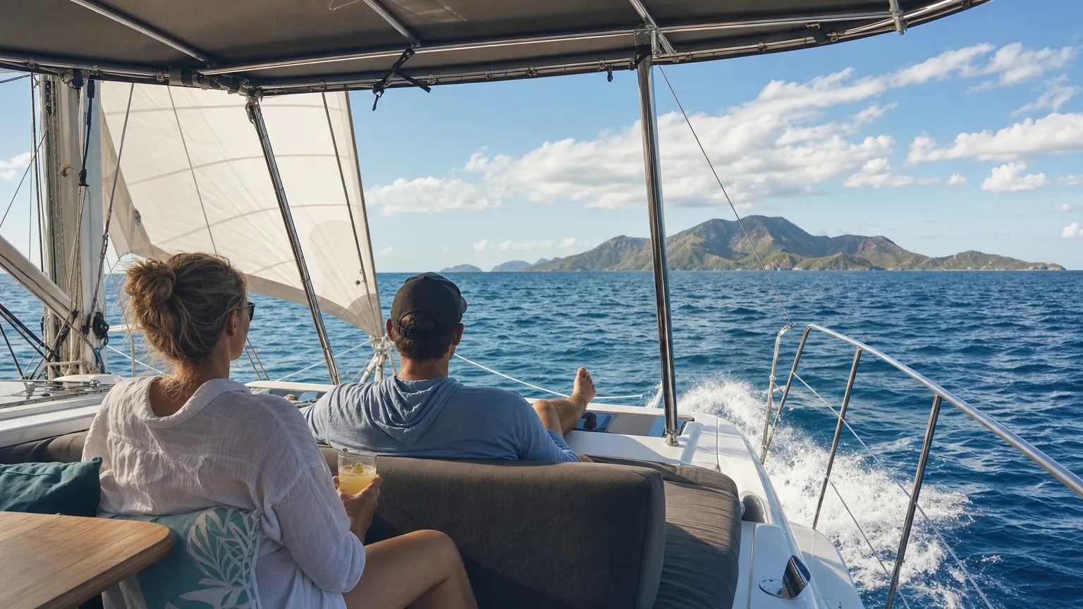 Guests in a catamaran cockpit during a Caribbean island passage under sail