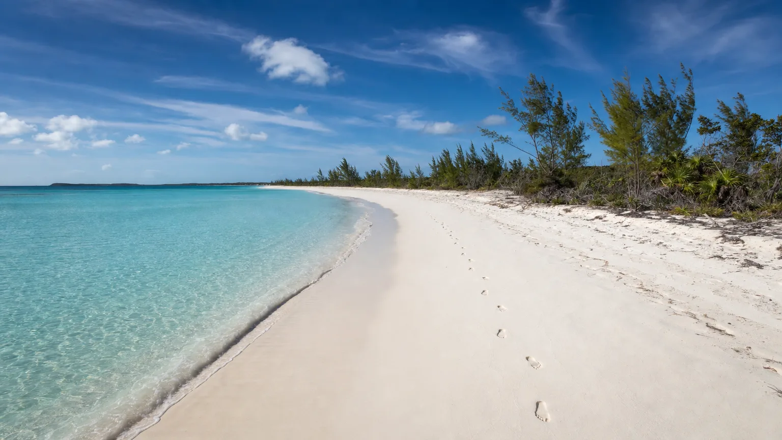 Empty curve of white sand beach on a low Bahamian out island with pale turquoise shallows