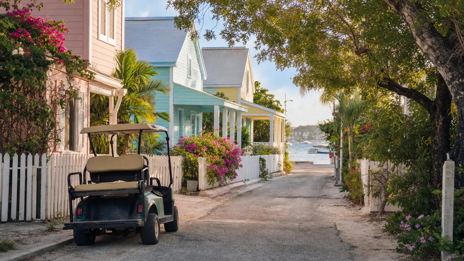 Pastel clapboard cottages and white picket fences on a narrow Abacos settlement street