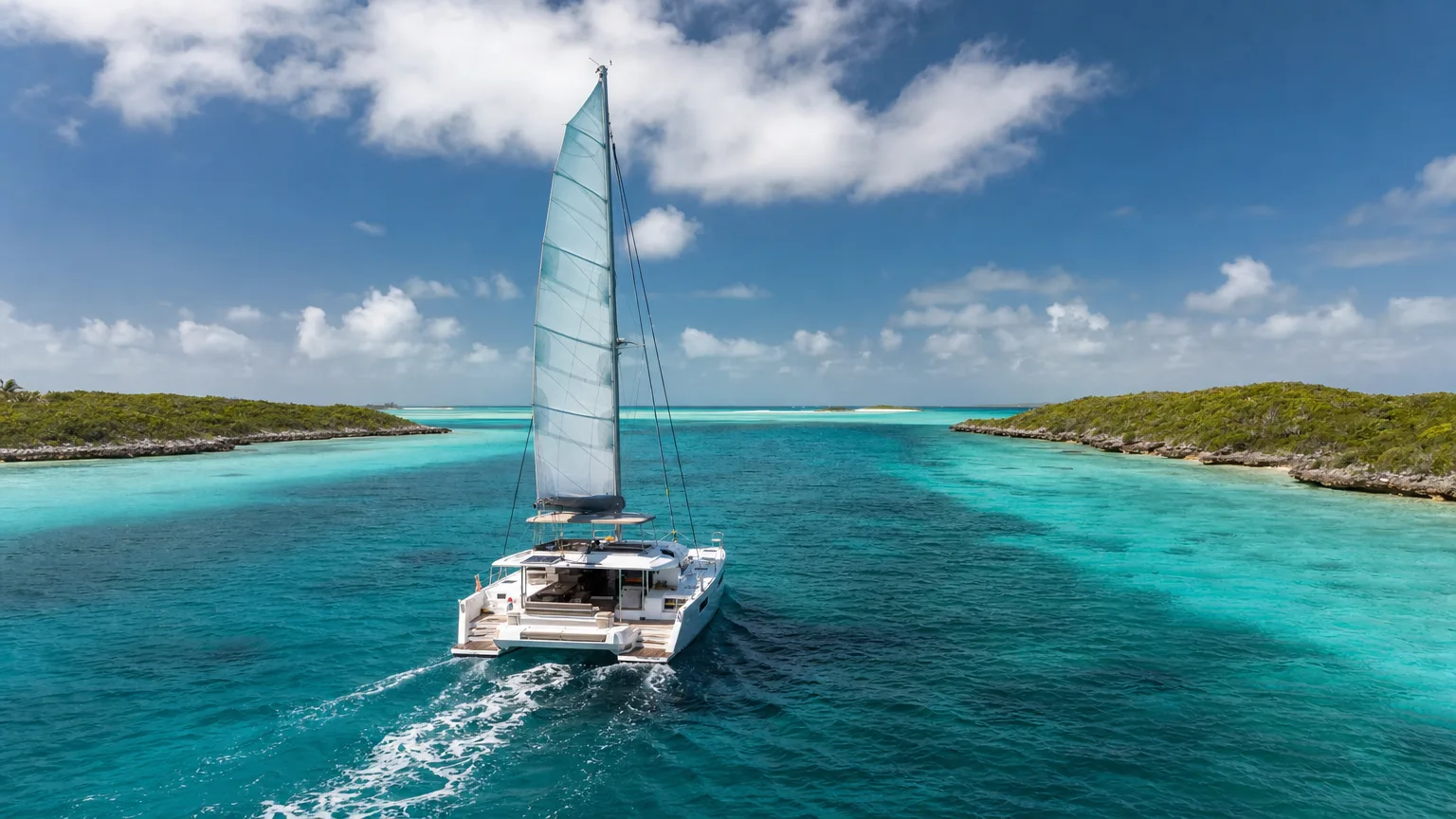 Crewed catamaran on an Abacos yacht charter sailing in flat sheltered water between two low cays