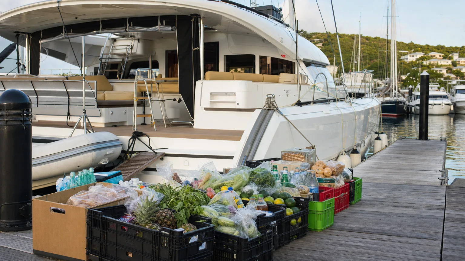 Provisions stacked on a dock beside a charter catamaran, a cost a bareboat crew buys themselves