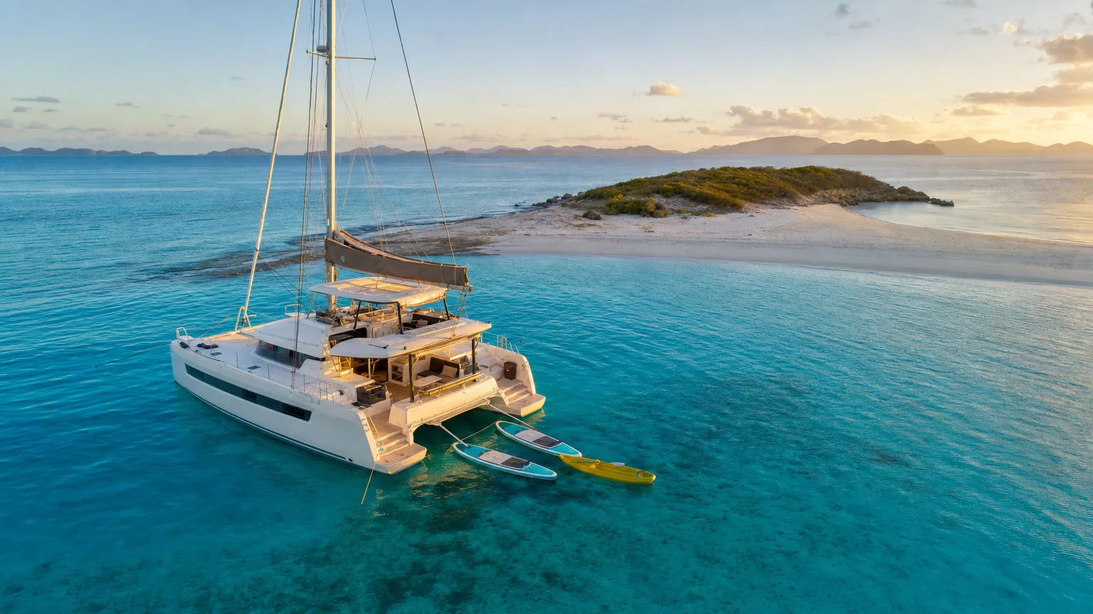 Crewed catamaran anchored off a quiet cay with paddleboards alongside, watersports included in the charter rate