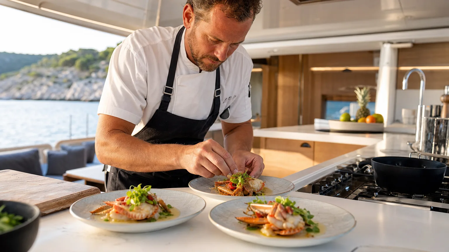Yacht chef plating a course in the galley of a crewed charter catamaran, meals included in the rate