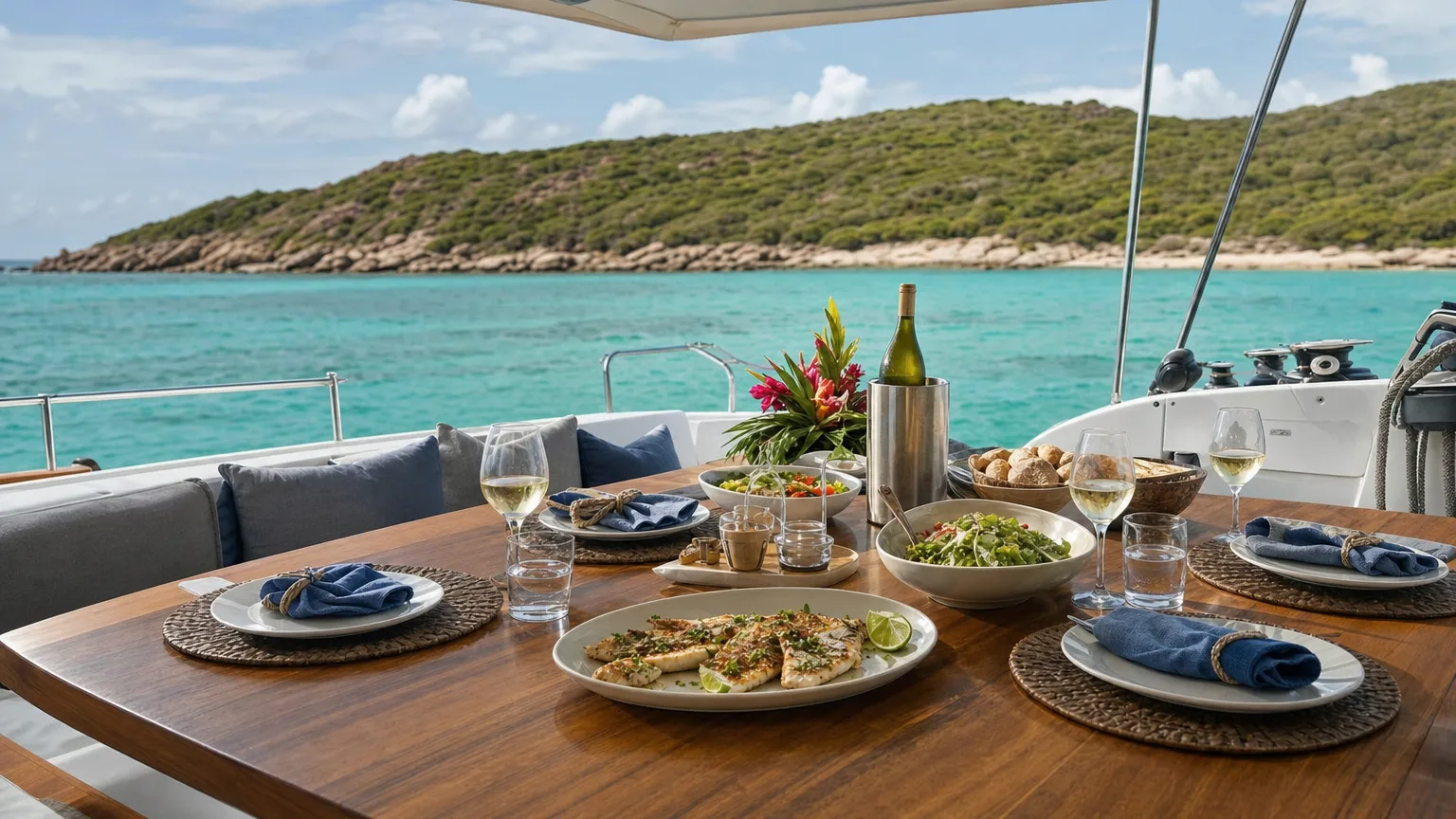 Aft deck table laid for lunch aboard an all-inclusive crewed catamaran at anchor in a Caribbean bay