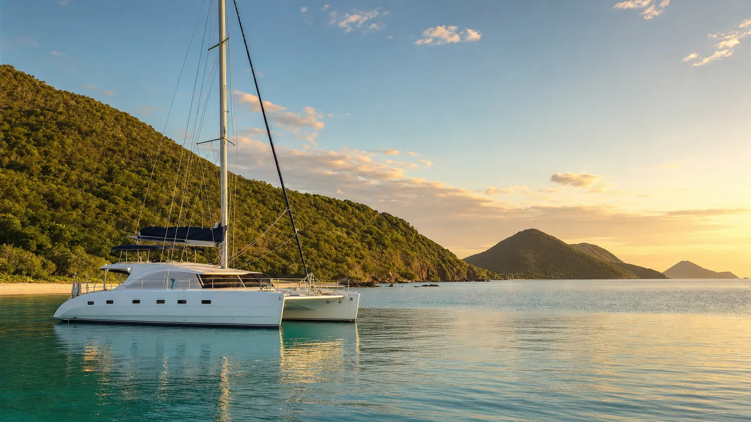 All-inclusive yacht charter Virgin Islands, crewed catamaran at anchor | Vital Charters All-inclusive yacht charter Virgin Islands: crewed catamaran anchored in a turquoise BVI bay at golden hour