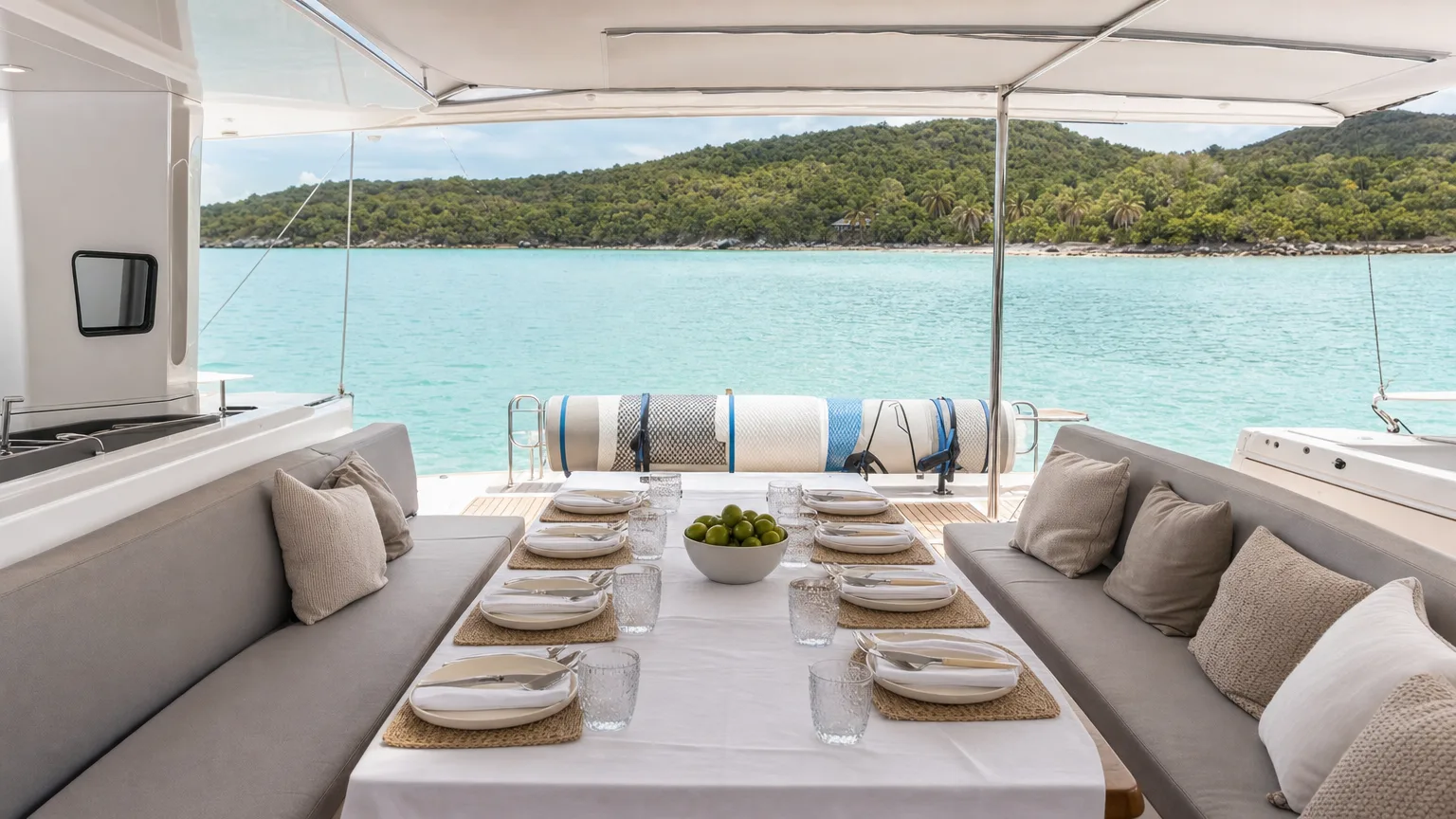 Crewed catamaran aft deck laid for eight guests, showing what an all-inclusive charter rate covers