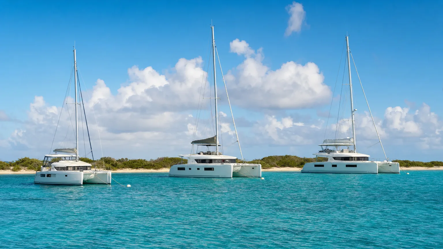 Three crewed catamarans of increasing size at anchor, illustrating Virgin Islands charter rates by length