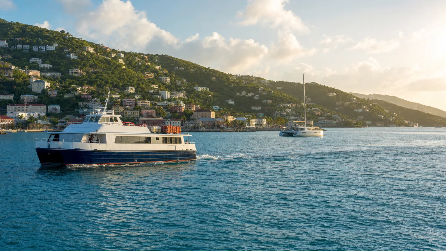 St Thomas harbour with a ferry and anchored catamaran, the standard start of a Virgin Islands yacht charter