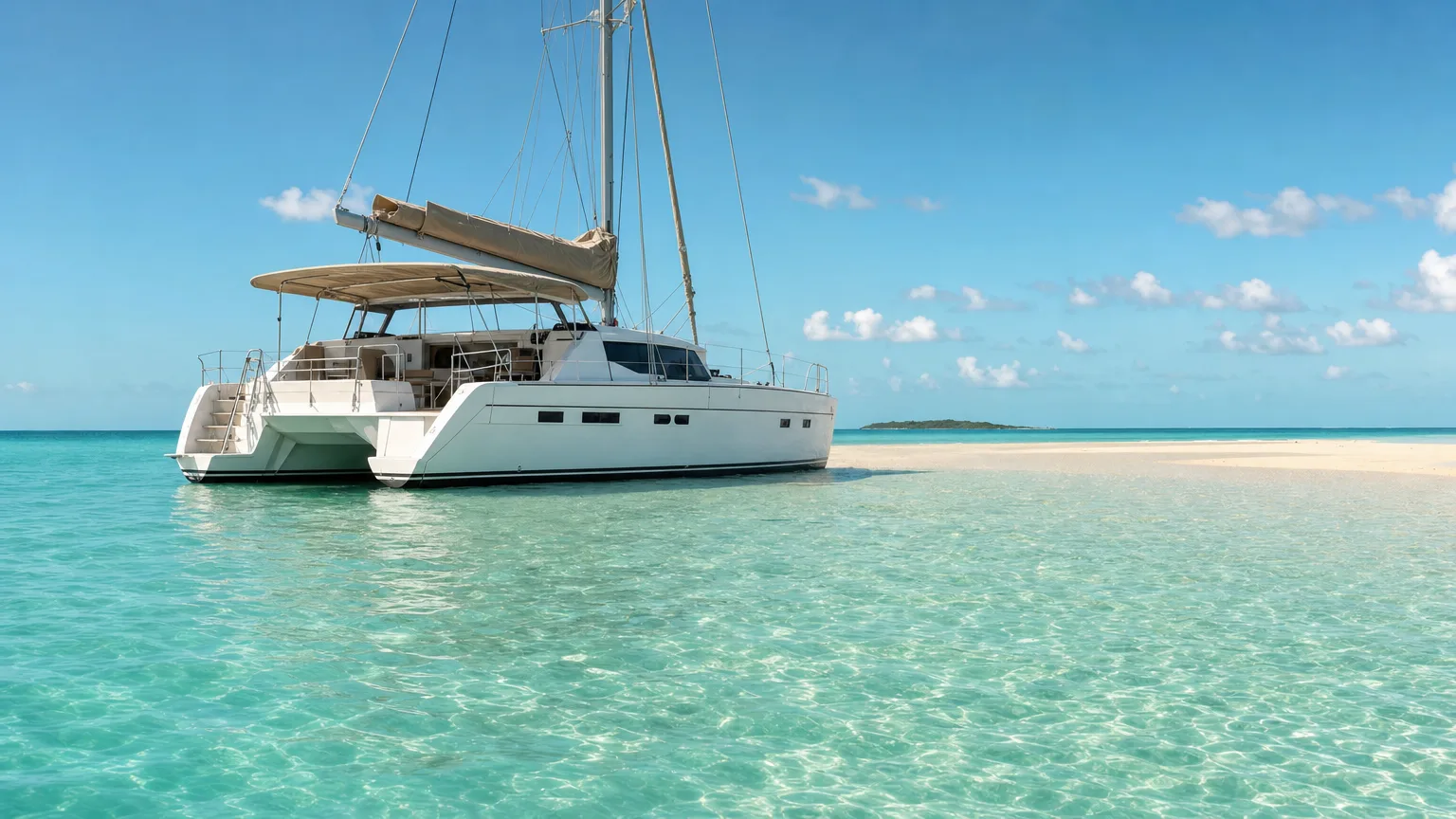 Crewed sailing catamaran at anchor in shallow Bahamian water with a sandbar visible under the hulls