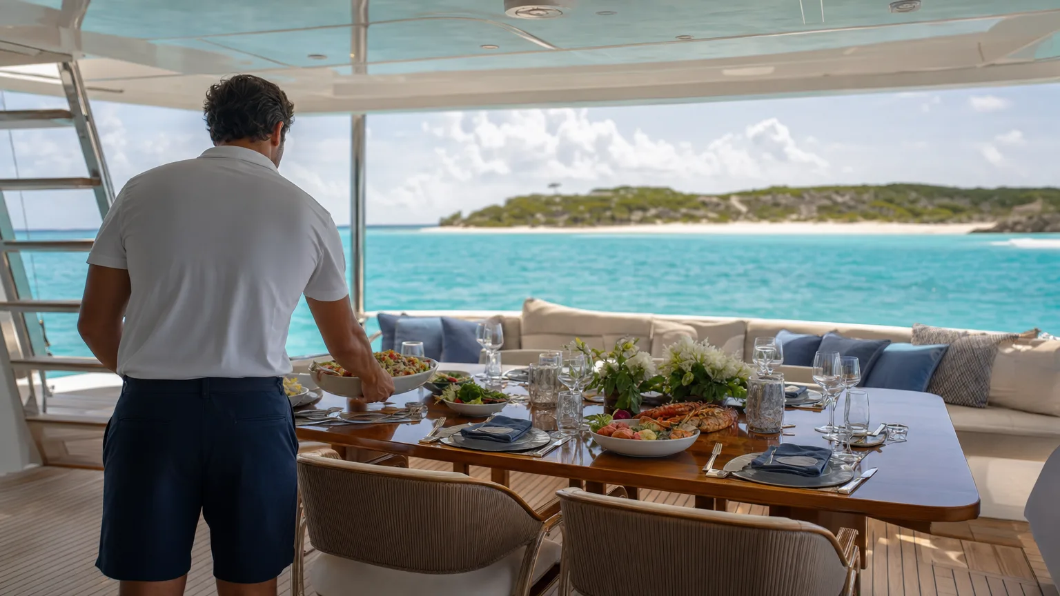 Crew serving lunch on the shaded aft deck of a Bahamas charter motor yacht