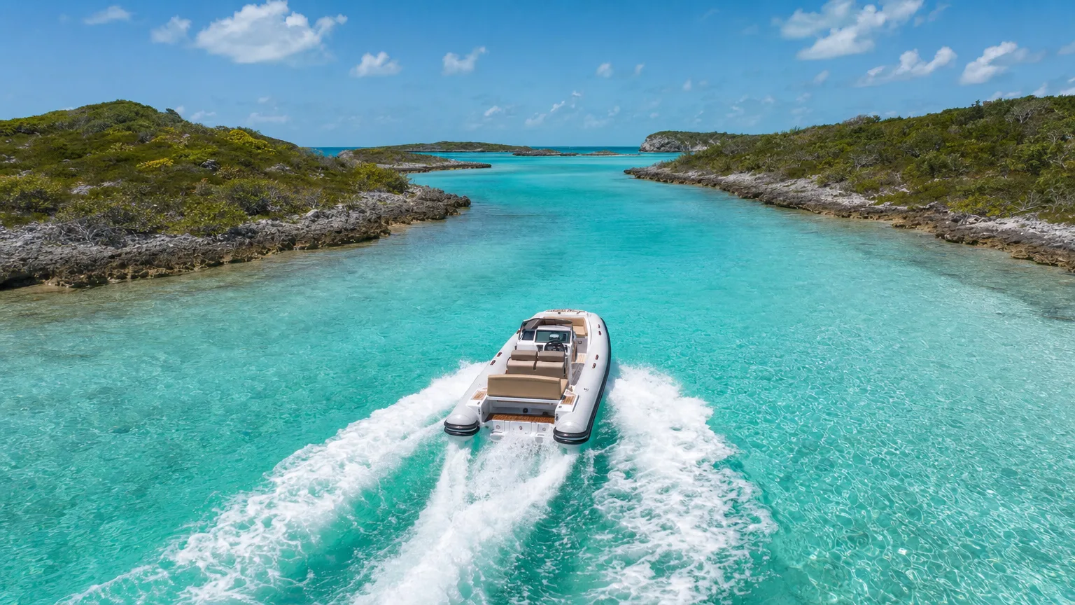 Yacht tender running between low Exuma cays through clear shallow water