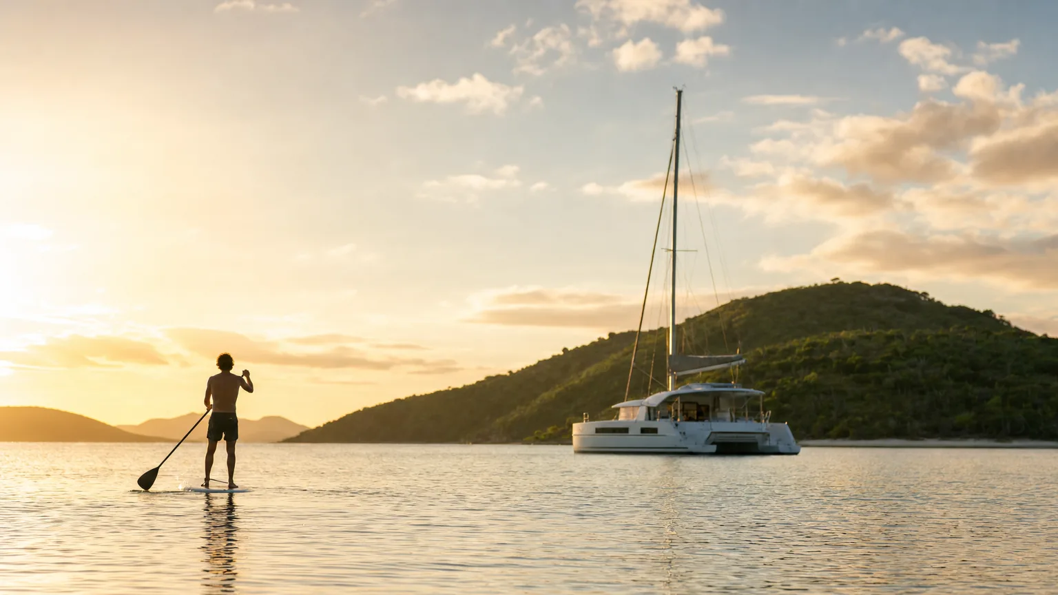 Guest paddleboarding beside a crewed charter catamaran at golden hour in the Caribbean