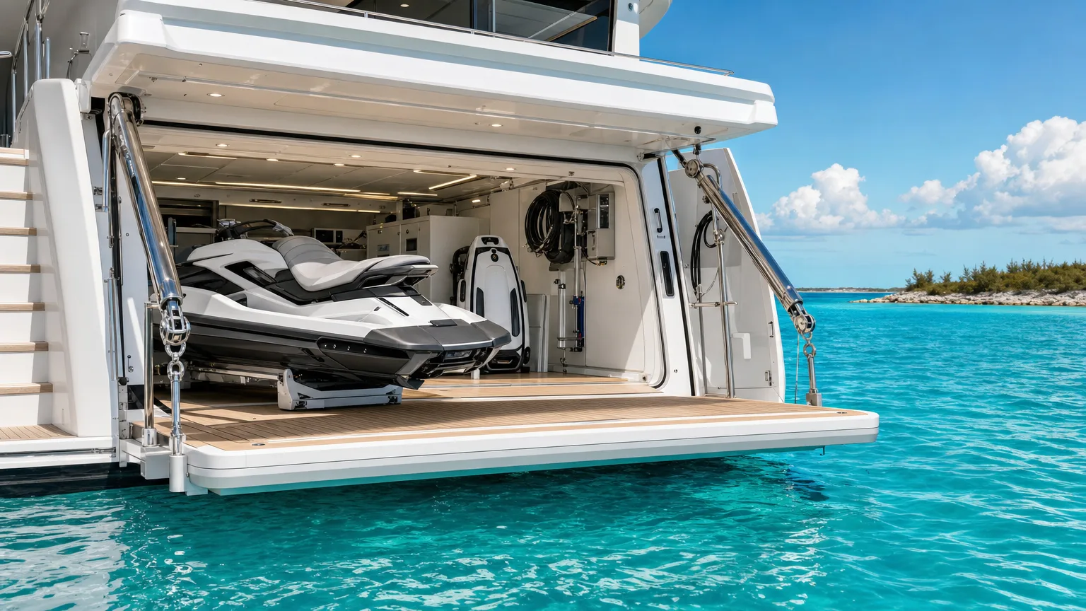 Motor yacht swim platform with personal watercraft and electric underwater sled stowed in the transom garage