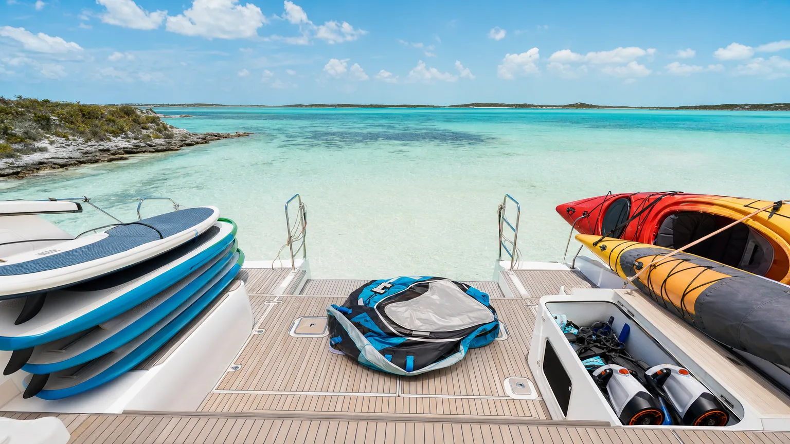 Newer charter catamaran aft deck loaded with paddleboards, kayaks and hand-held underwater scooters