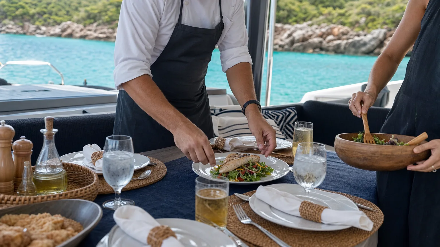 Chef plating lunch in the aft cockpit of a crewed BVI charter catamaran