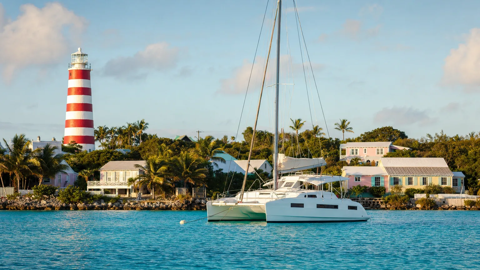 featured-image-1 | Vital Charters Crewed catamaran on an Abacos yacht charter moored at Hope Town below the candy-striped Elbow Reef Lighthouse