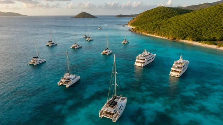 Caribbean charter anchorage with sailing catamarans and motor yachts, the fleet behind the 2026 rate report