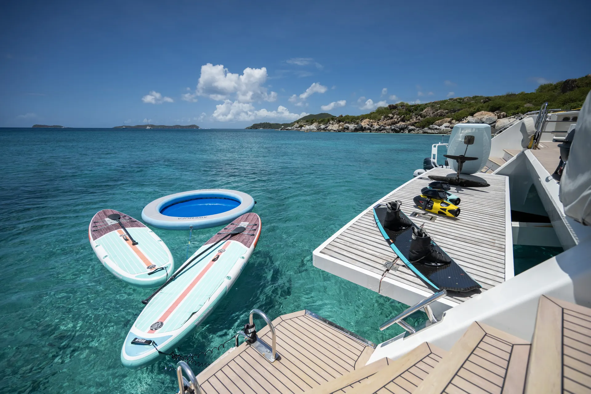 Water toys laid out on the aft deck of S/V JEWEL