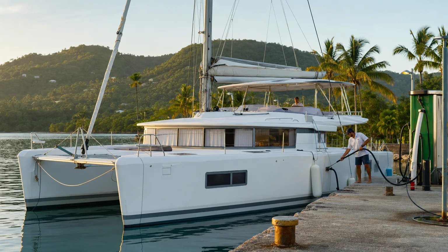 Crewed catamaran at a Caribbean fuel dock, illustrating the fuel and dockage yacht charter hidden fees an operator can add