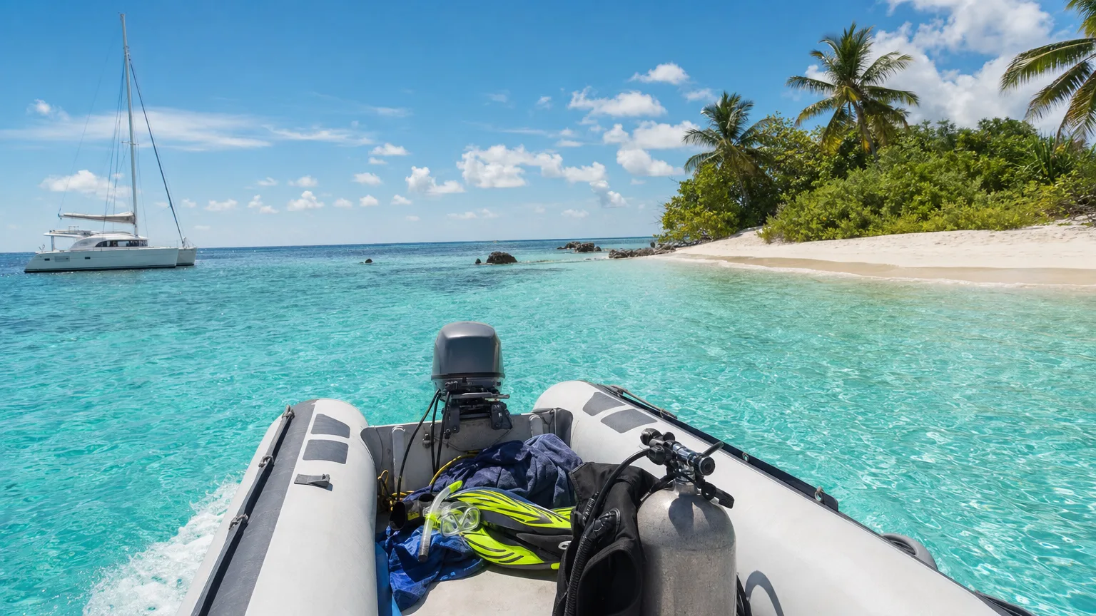 Tender carrying dive gear toward a Caribbean reef, the scuba and excursion extras a charter contract lists as not included