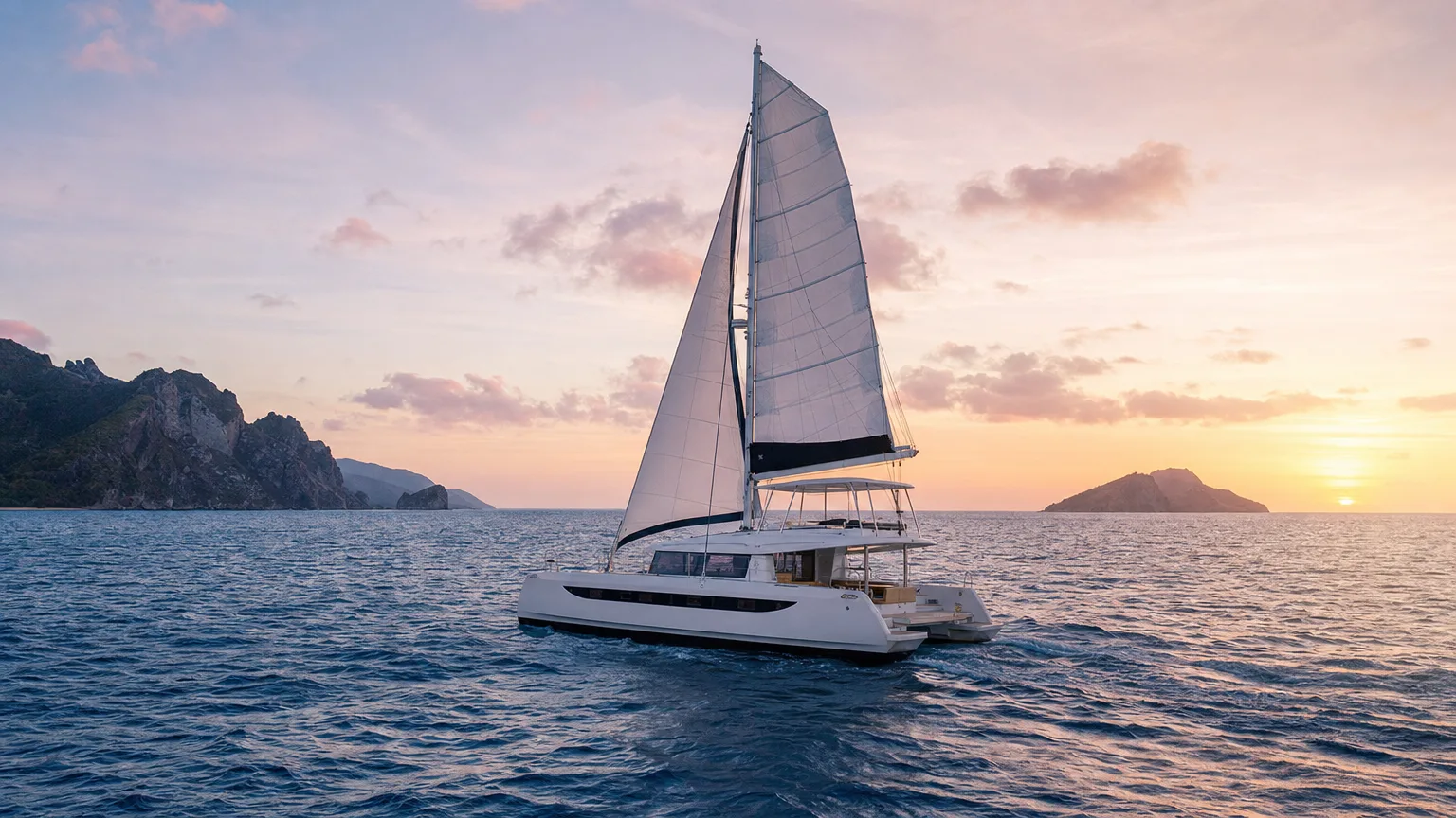Catamaran sailing between two Caribbean islands at dawn, the repositioning a yacht bills as a relocation fee
