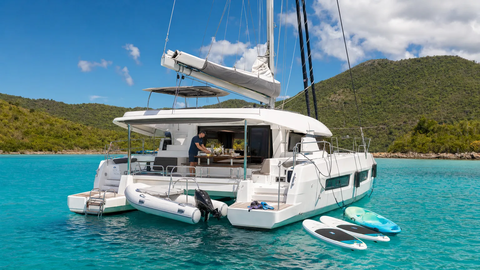 What a yacht charter fee covers: crewed catamaran at anchor in the BVI with tender and paddleboards