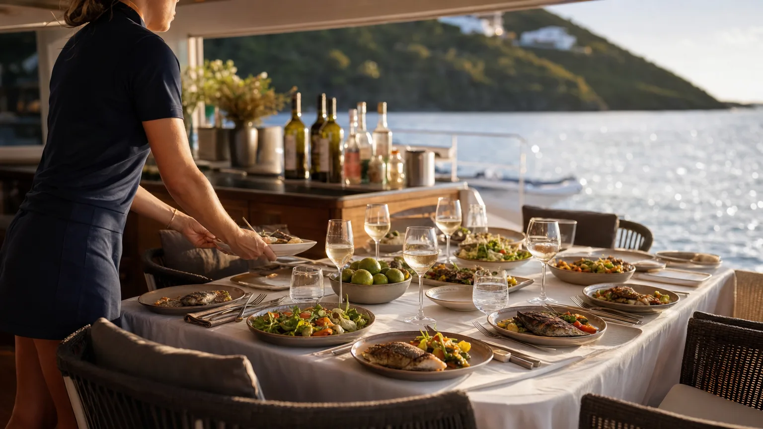 Crew serving dinner on a catamaran aft deck, a yacht charter fee inclusion on CYBA terms