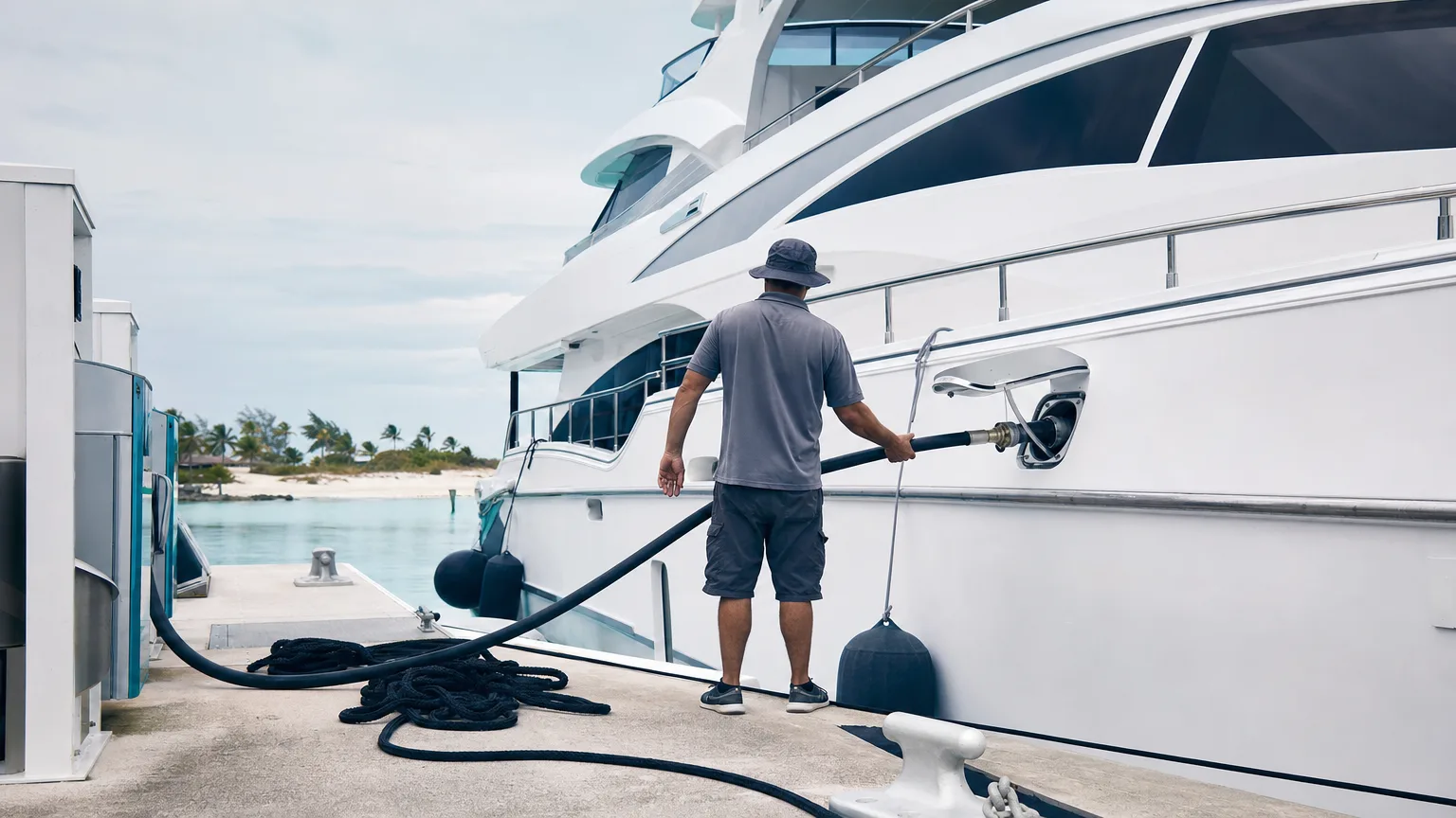 Motor yacht taking on fuel at a Bahamas marina, an APA cost outside the yacht charter fee