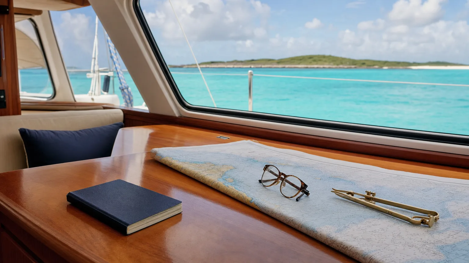 Yacht charter entry requirements: a passport and paper chart on the table of a crewed catamaran