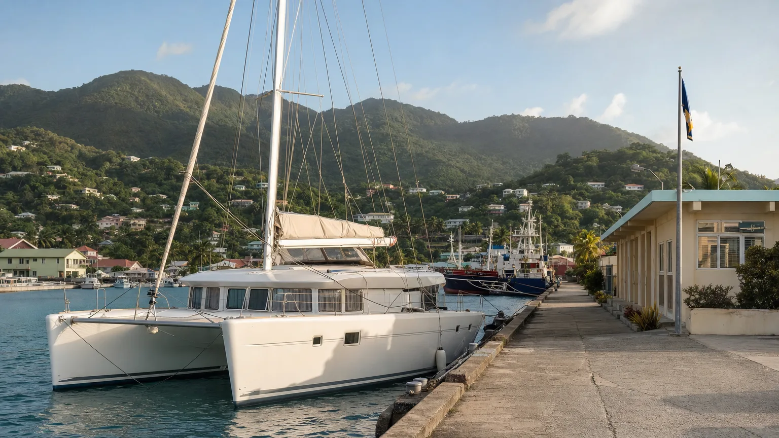 Crewed catamaran alongside a Caribbean port of entry dock, where the crew handles charter clearance