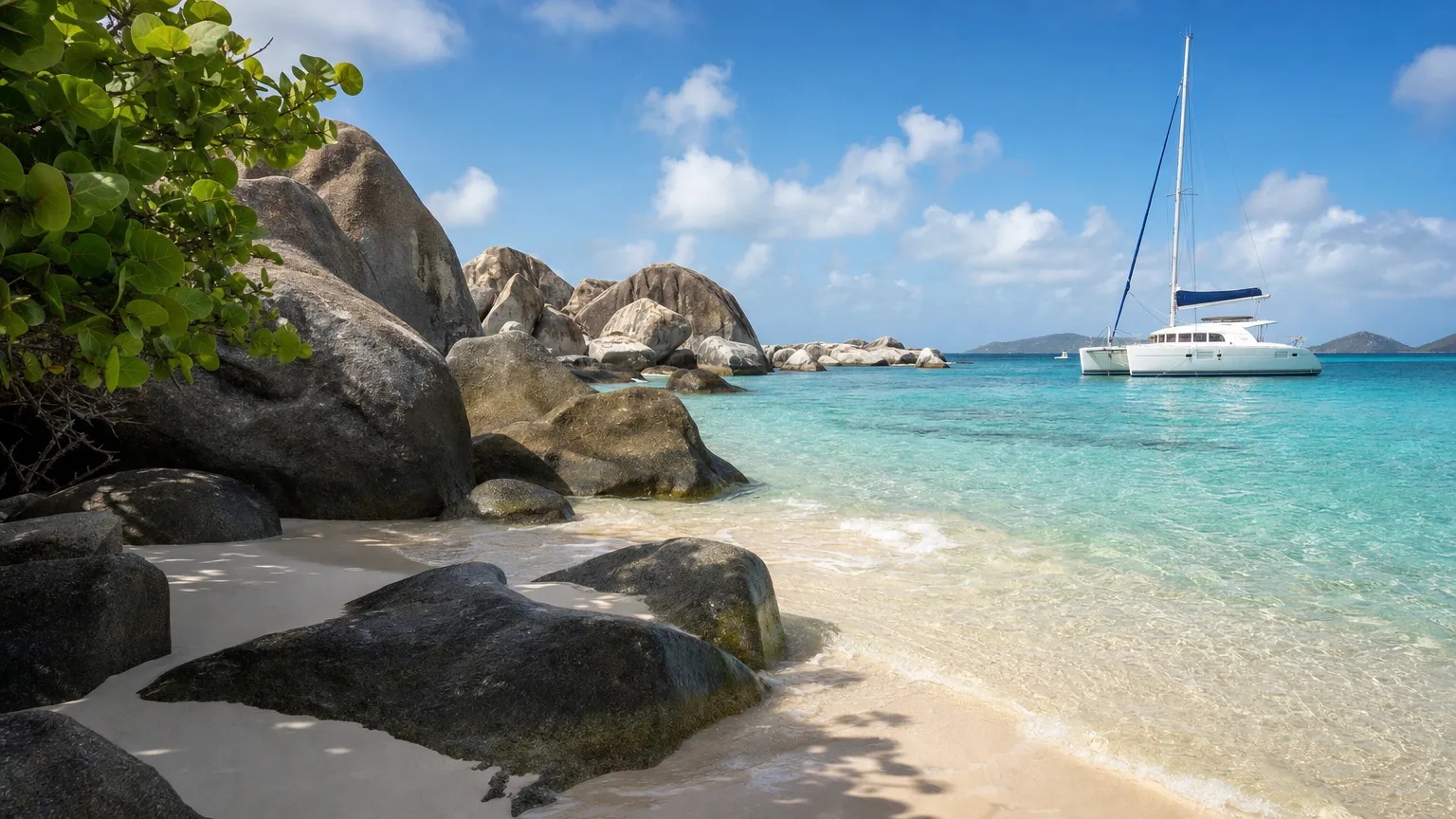 Crewed catamaran anchored off The Baths on Virgin Gorda, where BVI cruising permit and national park fees apply