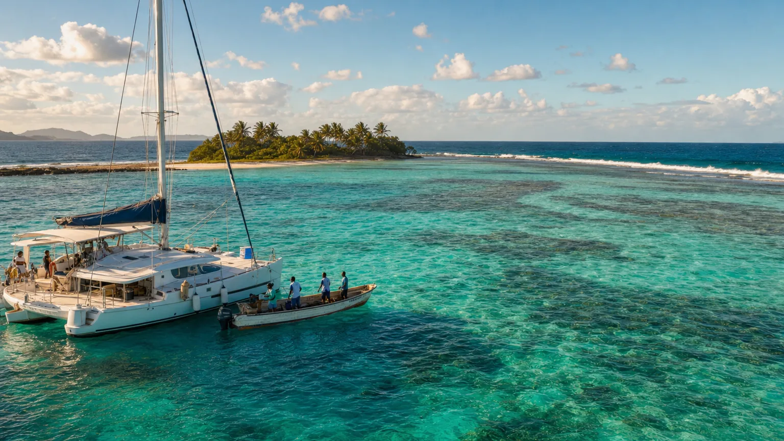 Marine park ranger skiff beside a sailing catamaran anchored in the Tobago Cays, where park fees are collected on the water