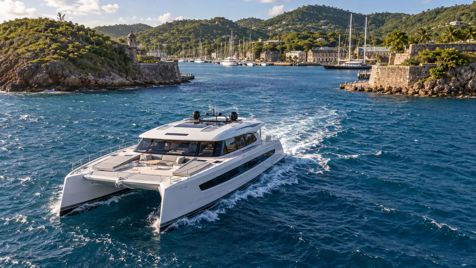 Antigua yacht charter: a crewed power catamaran arriving at a sheltered harbor on Antigua's south coast