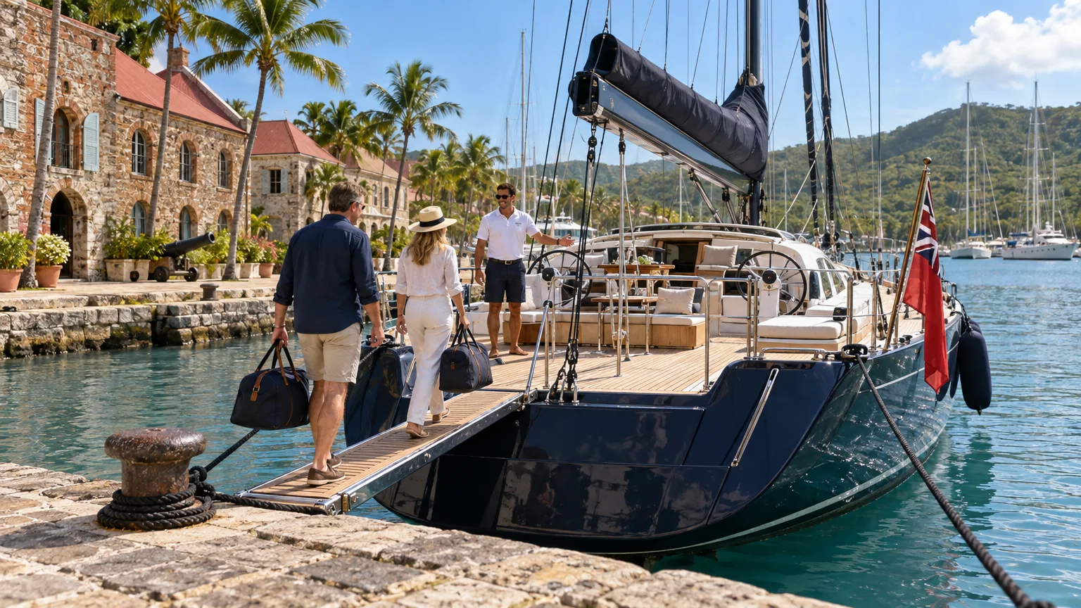 Crewed sailing yacht moored stern-to at the historic dockyard in English Harbour, Antigua