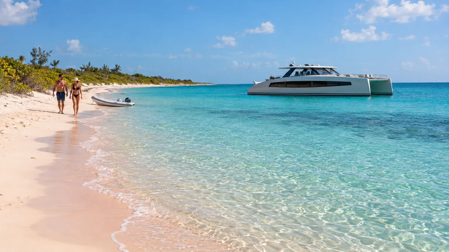 Crewed catamaran anchored off Barbuda's pink sand beach on a charter from Antigua