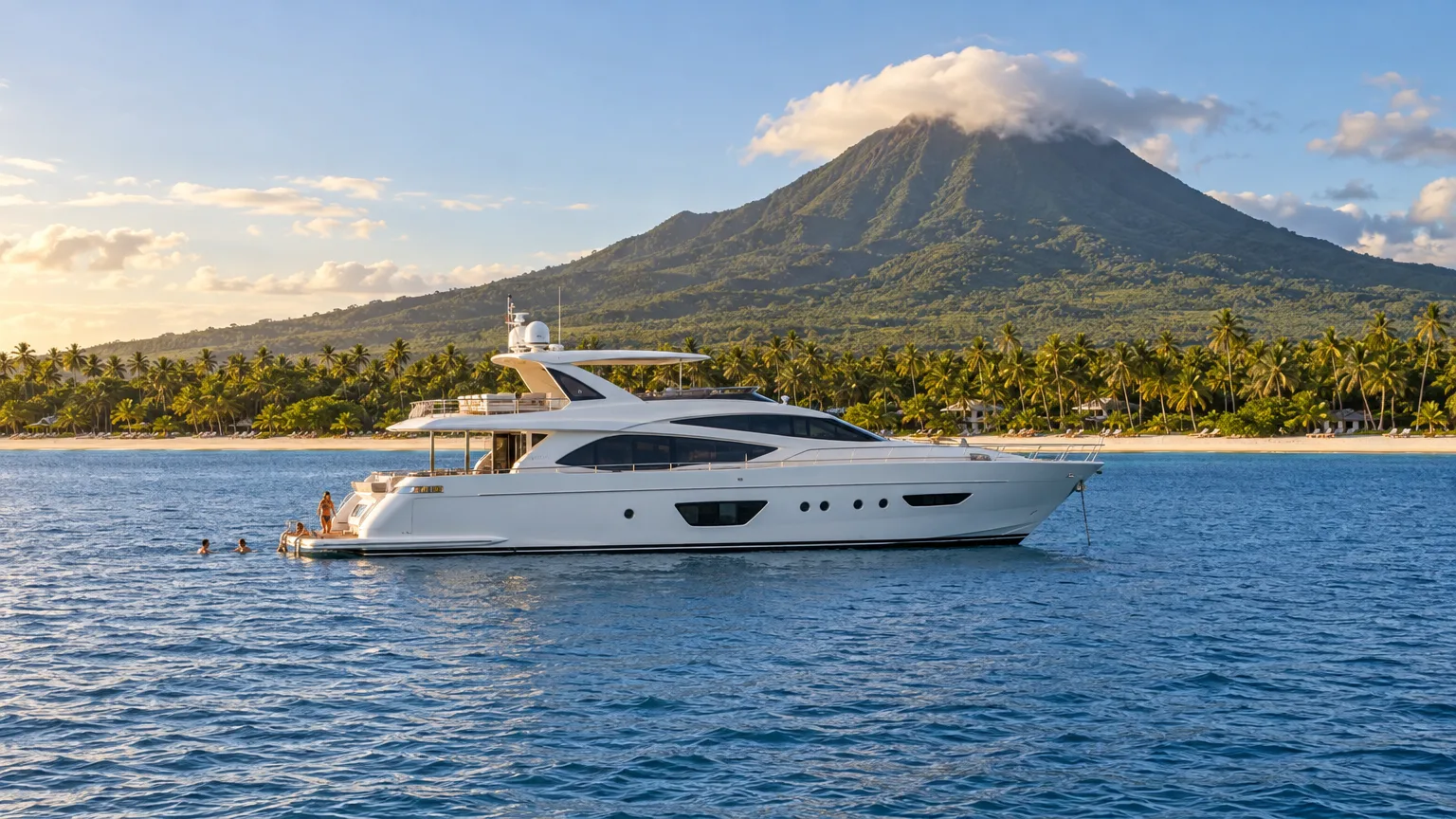 Motor yacht anchored off Pinney's Beach below Nevis Peak on a St. Kitts yacht charter