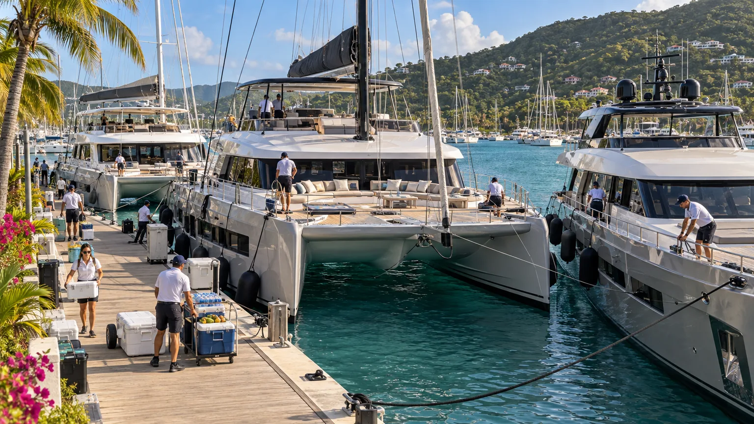 Crewed charter yachts listed by different agencies side by side on a Tortola dock