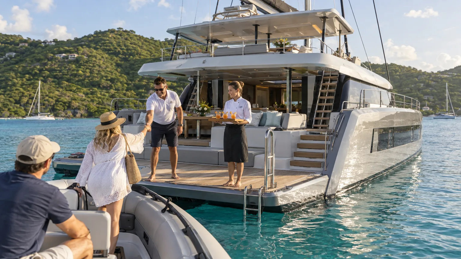 Captain and chef welcoming guests aboard a crewed catamaran on a BVI yacht charter