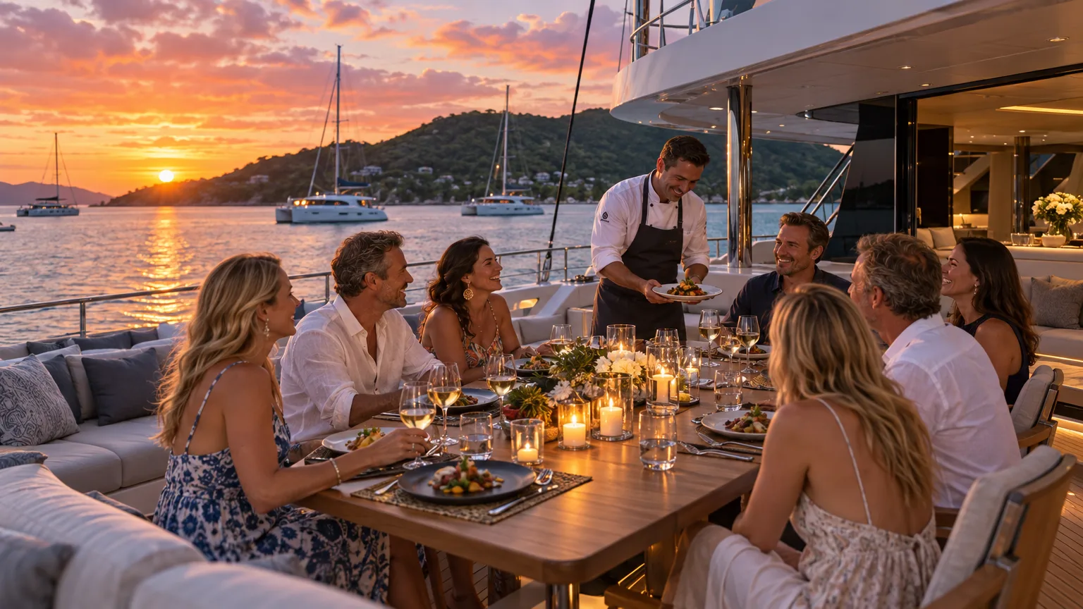 Guests at a sunset dinner served by the chef on a crewed BVI charter catamaran