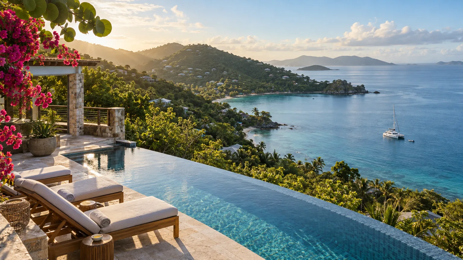 BVI villa rental vs yacht charter: villa terrace and pool above a bay, crewed catamaran at anchor below | Vital Charters BVI villa rental vs yacht charter: villa terrace and pool above a bay, crewed catamaran at anchor below