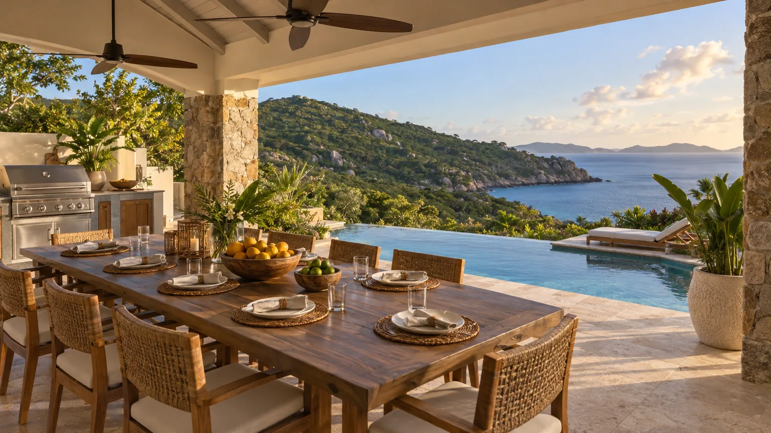 Open-air kitchen and dining terrace for eight at a Virgin Gorda villa, pool beyond